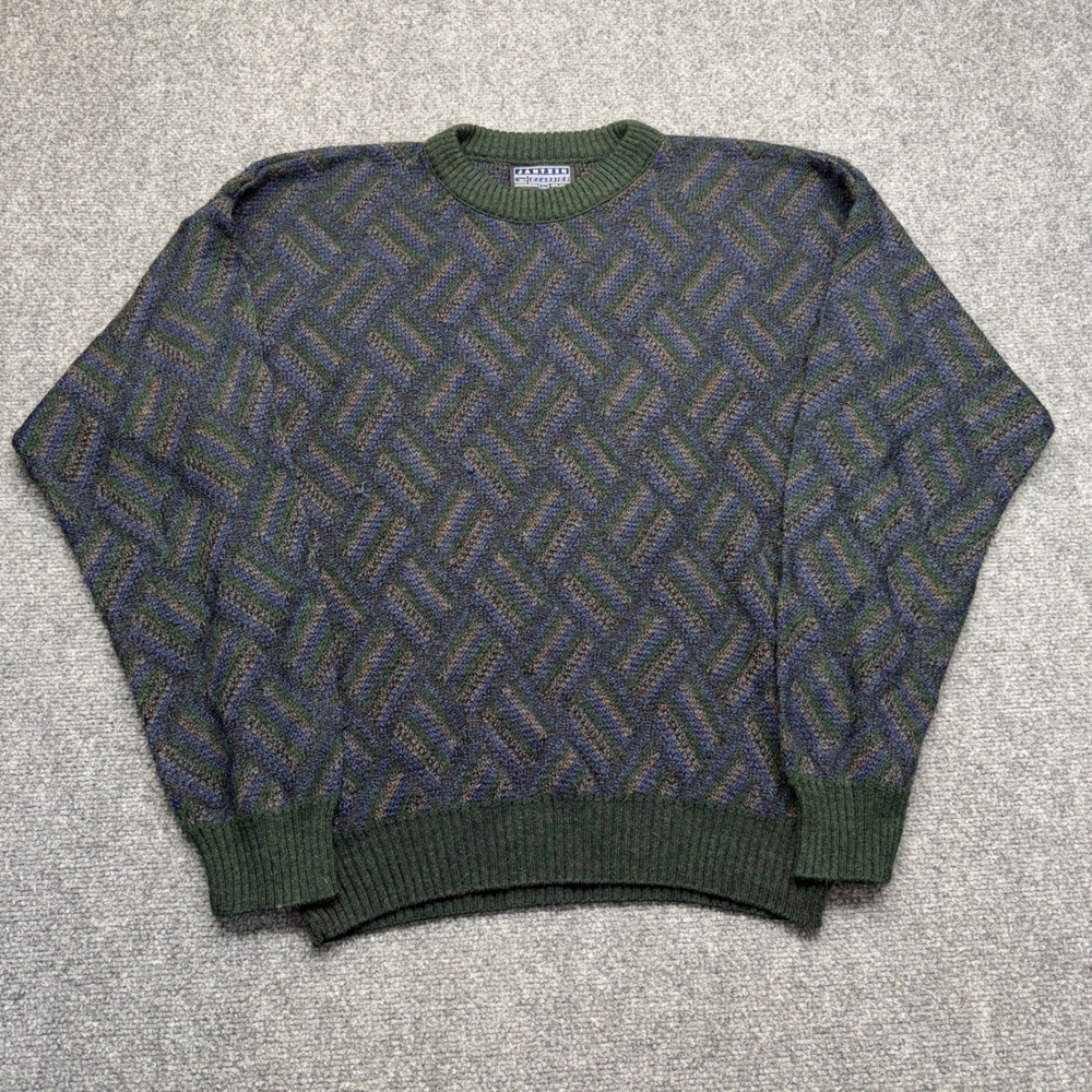 Vintage Jantzen Classics Mens Geometric Textured Knit Grandpa Sweater Green L